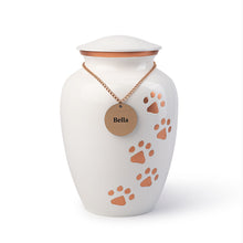 Load image into Gallery viewer, Paw Prints White &amp; Rose Gold Metal Urn
