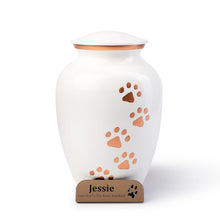 Load image into Gallery viewer, Paw Prints White &amp; Rose Gold Metal Urn
